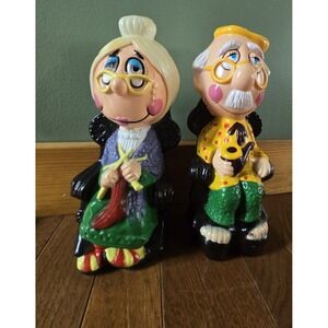Vintage Blowmold Coin Banks Grandma Grandpa Old Couple Piggy Bank Set Of 2 IMCO